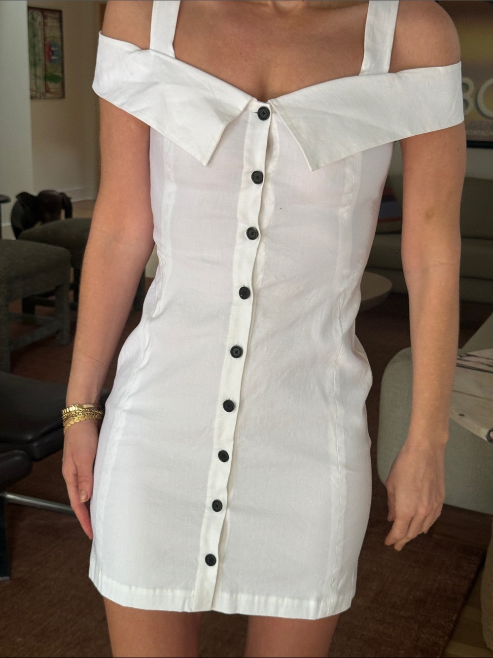 ALC White Off-Shoulder Button-Front Mini Dress